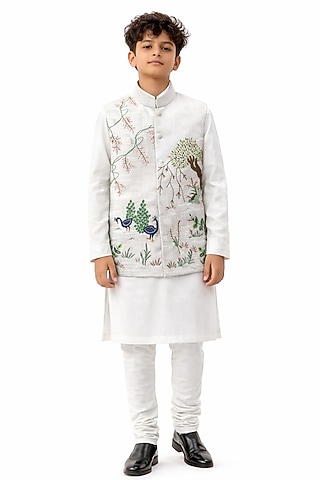Ivory Bam Silk Embroidered Nehru Jacket Set For Boys by Paarsh - Littles