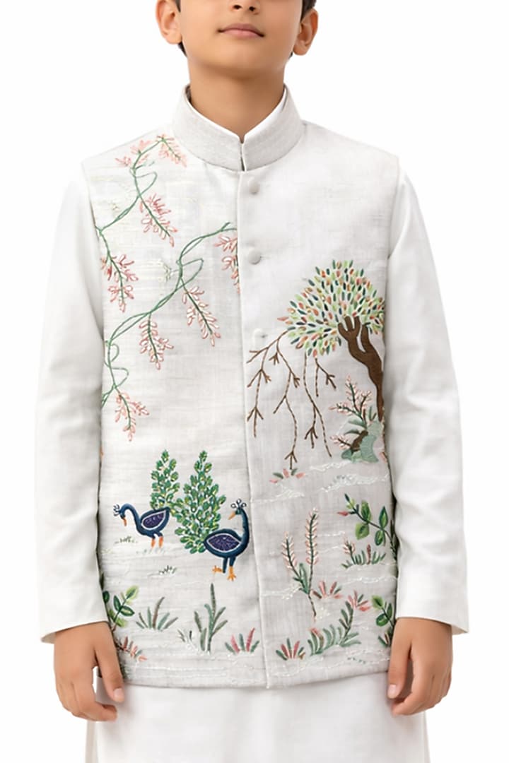 Ivory Bam Silk Embroidered Nehru Jacket Set For Boys by Paarsh - Littles at Pernia's Pop Up Shop