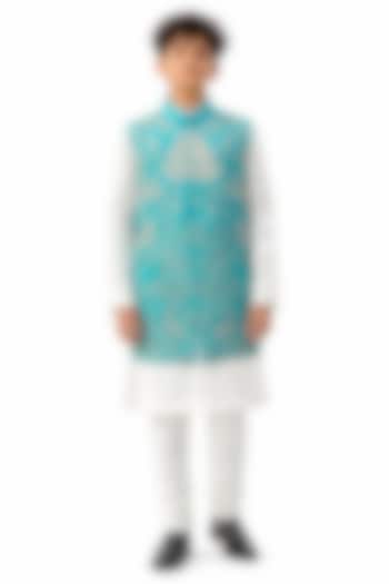 Turquoise Organza Embroidered Nehru Jacket Set For Boys by Paarsh - Littles at Pernia's Pop Up Shop