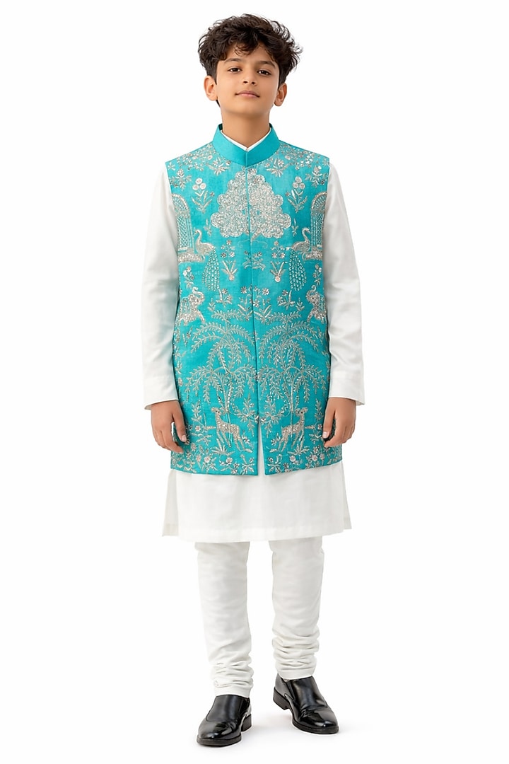 Turquoise Organza Embroidered Nehru Jacket Set For Boys by Paarsh - Littles at Pernia's Pop Up Shop