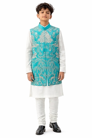 Turquoise Organza Embroidered Nehru Jacket Set For Boys by Paarsh - Littles