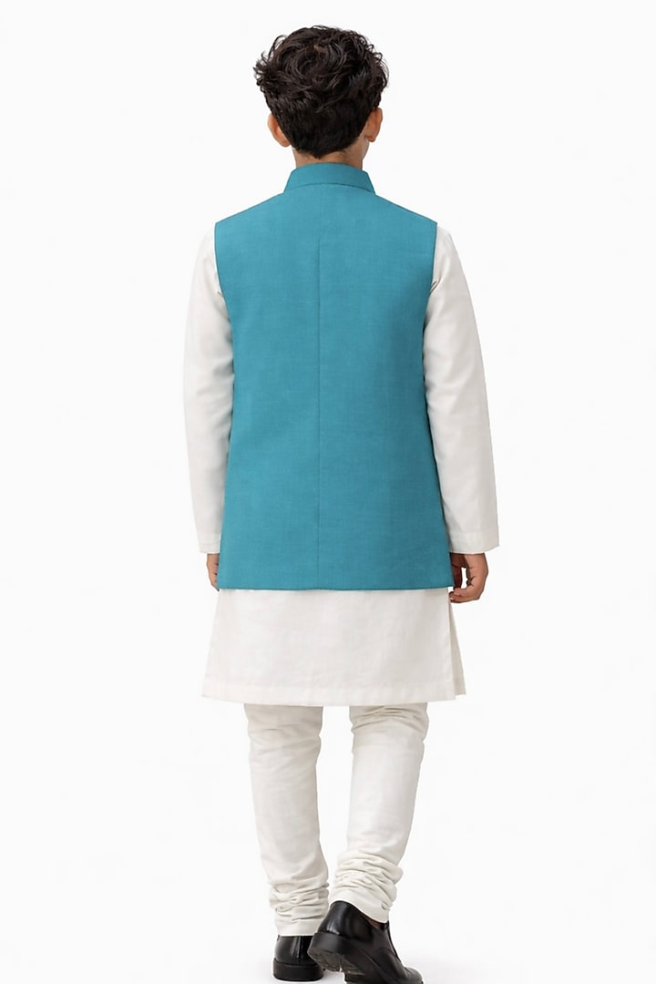 Turquoise Organza Embroidered Nehru Jacket Set For Boys by Paarsh - Littles at Pernia's Pop Up Shop