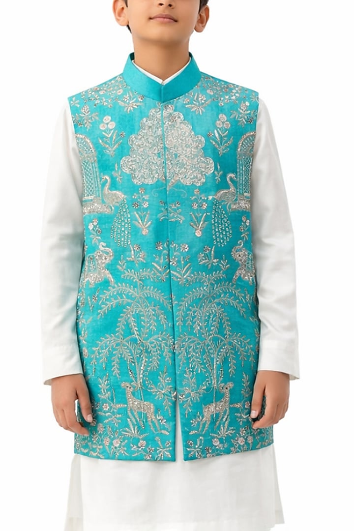 Turquoise Organza Embroidered Nehru Jacket Set For Boys by Paarsh - Littles at Pernia's Pop Up Shop