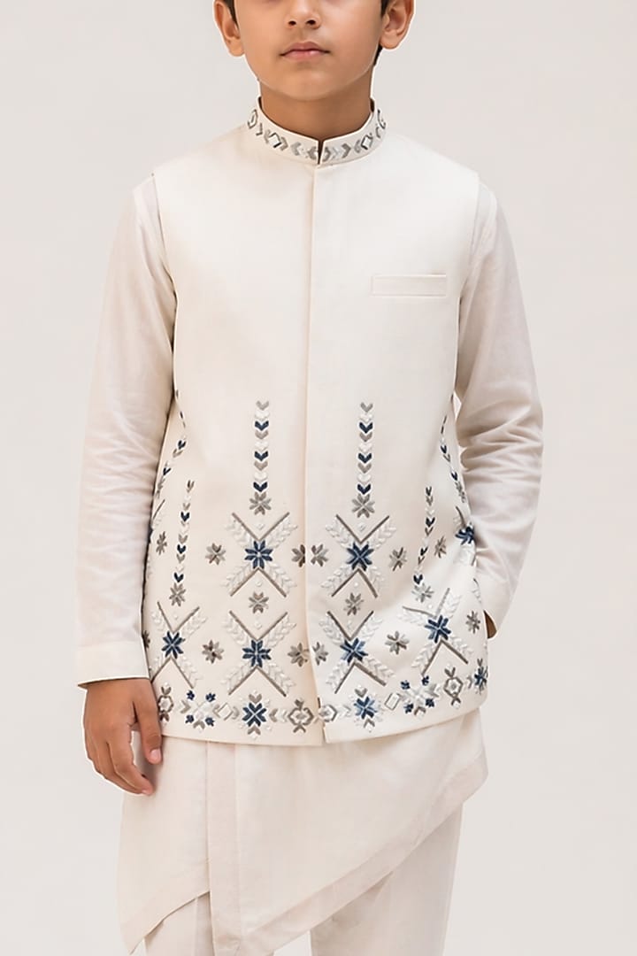 Ivory Linen Embroidered Nehru Jacket Set For Boys by Paarsh - Littles at Pernia's Pop Up Shop