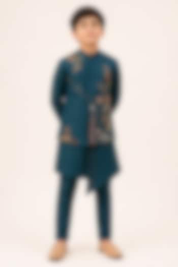 Teal Bam Silk Embroidered Nehru Jacket Set For Girls by Paarsh - Littles at Pernia's Pop Up Shop