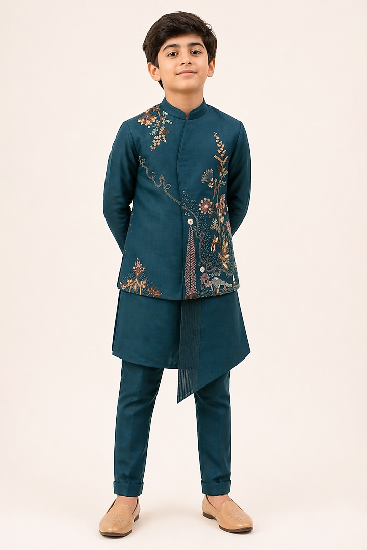 Teal Bam Silk Embroidered Nehru Jacket Set For Girls by Paarsh - Littles at Pernia's Pop Up Shop
