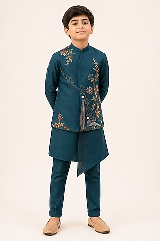 Teal Bam Silk Embroidered Nehru Jacket Set For Boys by Paarsh - Littles
