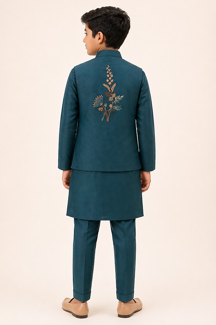Teal Bam Silk Embroidered Nehru Jacket Set For Boys by Paarsh - Littles at Pernia's Pop Up Shop