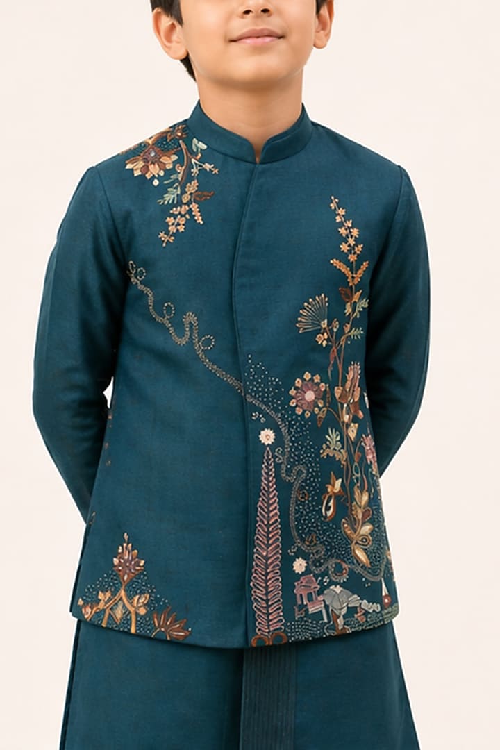 Teal Bam Silk Embroidered Nehru Jacket Set For Boys by Paarsh - Littles at Pernia's Pop Up Shop