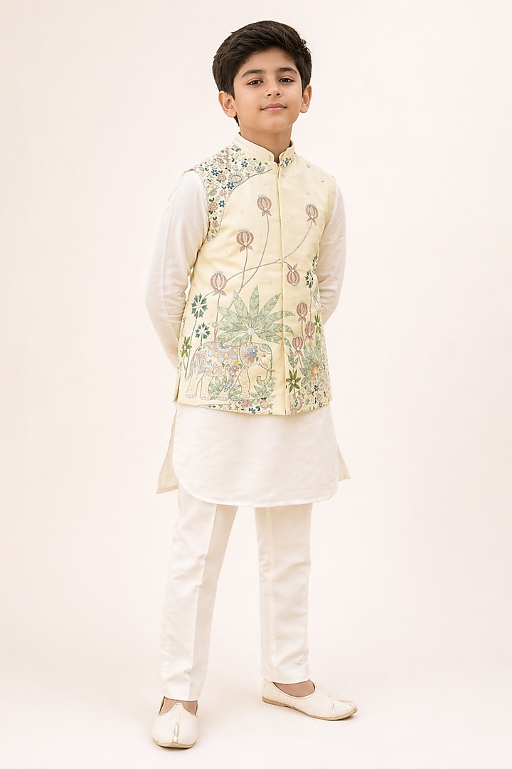 Pastel-Colored Linen Embroidered Nehru Jacket Set For Boys by Paarsh - Littles at Pernia's Pop Up Shop