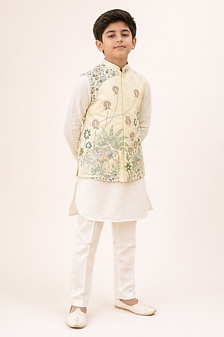 Pastel-Colored Linen Embroidered Nehru Jacket Set For Boys by Paarsh - Littles
