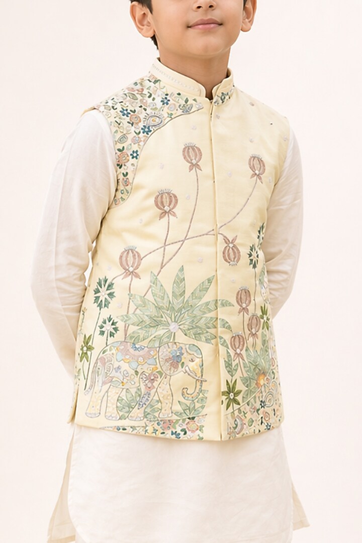 Pastel-Colored Linen Embroidered Nehru Jacket Set For Boys by Paarsh - Littles at Pernia's Pop Up Shop