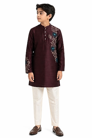 Maroon Linen Embroidered Kurta Set For Boys by Paarsh - Littles