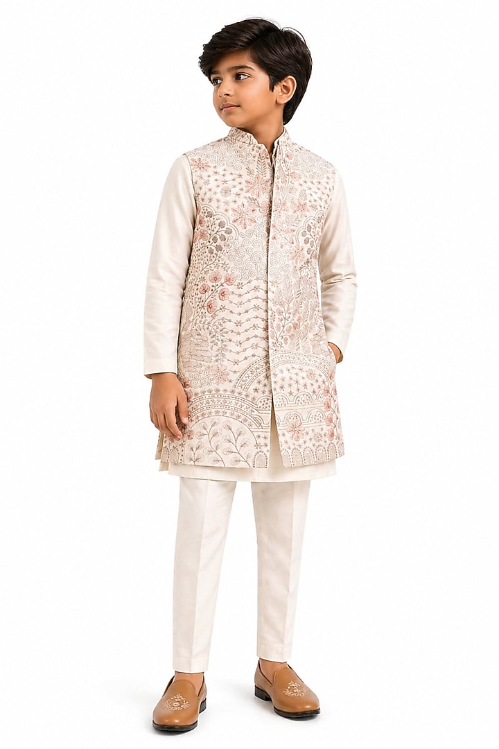 Ivory Linen Embroidered Nehru Jacket Set For Boys by Paarsh - Littles at Pernia's Pop Up Shop