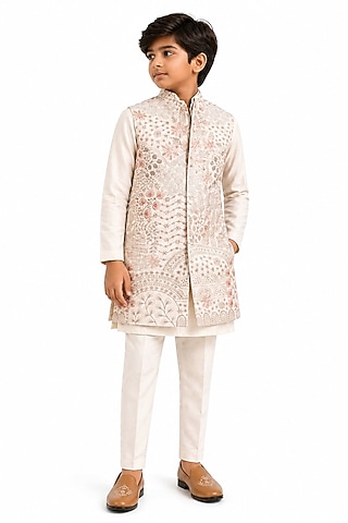 Ivory Linen Embroidered Nehru Jacket Set For Boys by Paarsh - Littles