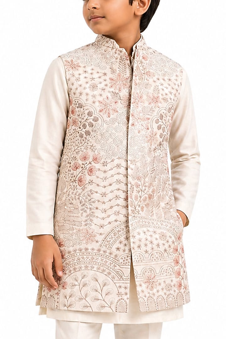 Ivory Linen Embroidered Nehru Jacket Set For Boys by Paarsh - Littles at Pernia's Pop Up Shop