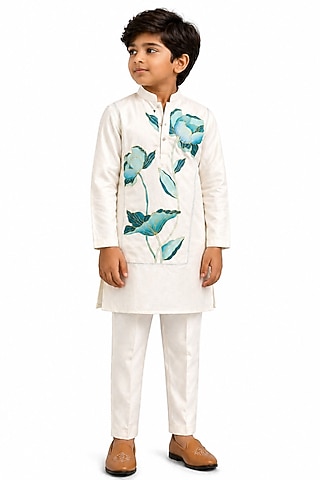 Ivory Malai Cotton Hand-Painted & Embroidered Kurta Set For Boys by Paarsh - Littles