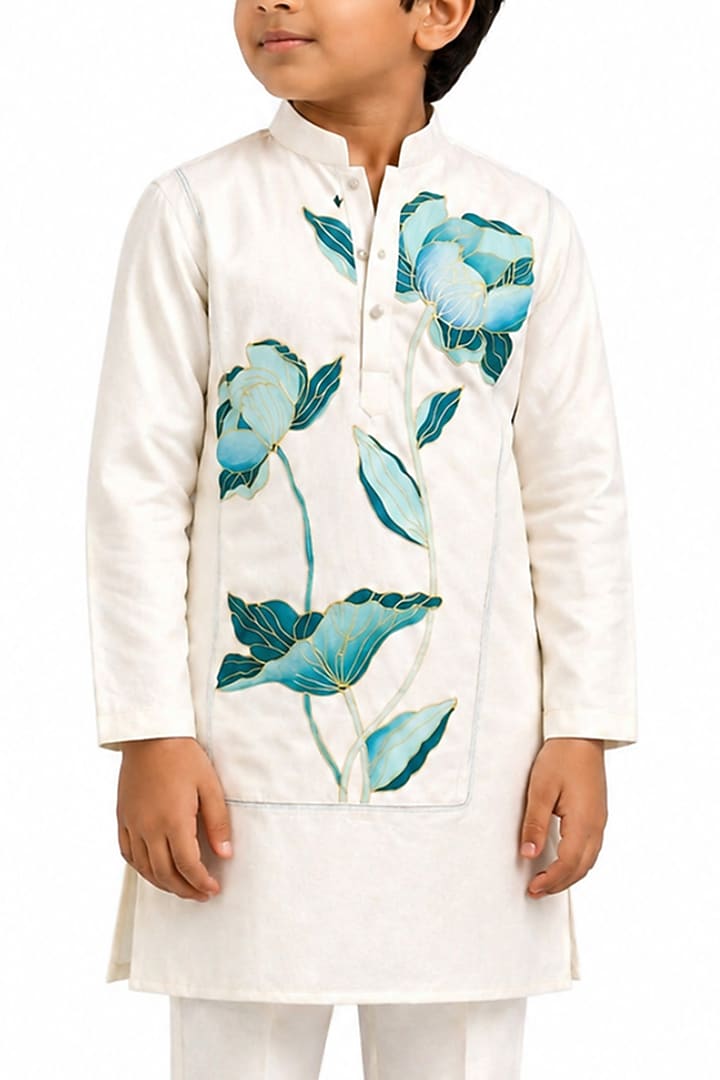 Ivory Malai Cotton Hand-Painted & Embroidered Kurta Set For Boys by Paarsh - Littles at Pernia's Pop Up Shop