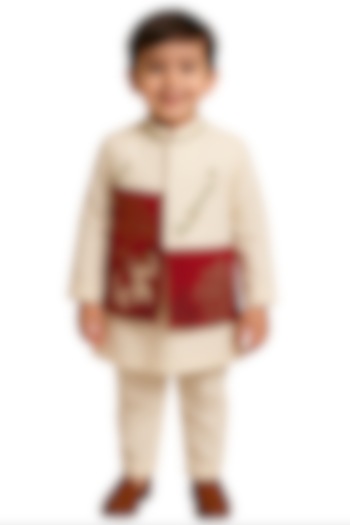 Cream & Red Linen Satin Embroidered Nehru Jacket Set For Boys by Paarsh - Littles at Pernia's Pop Up Shop