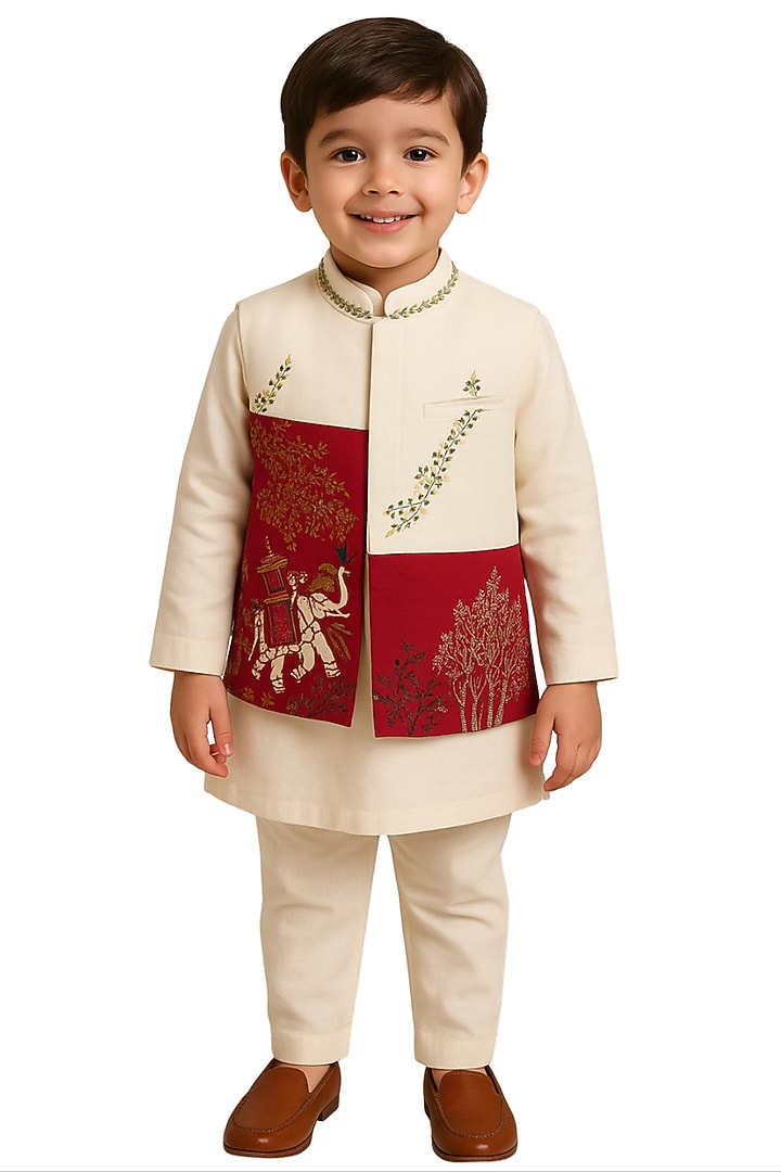 Cream & Red Linen Satin Embroidered Nehru Jacket Set For Boys by Paarsh - Littles at Pernia's Pop Up Shop