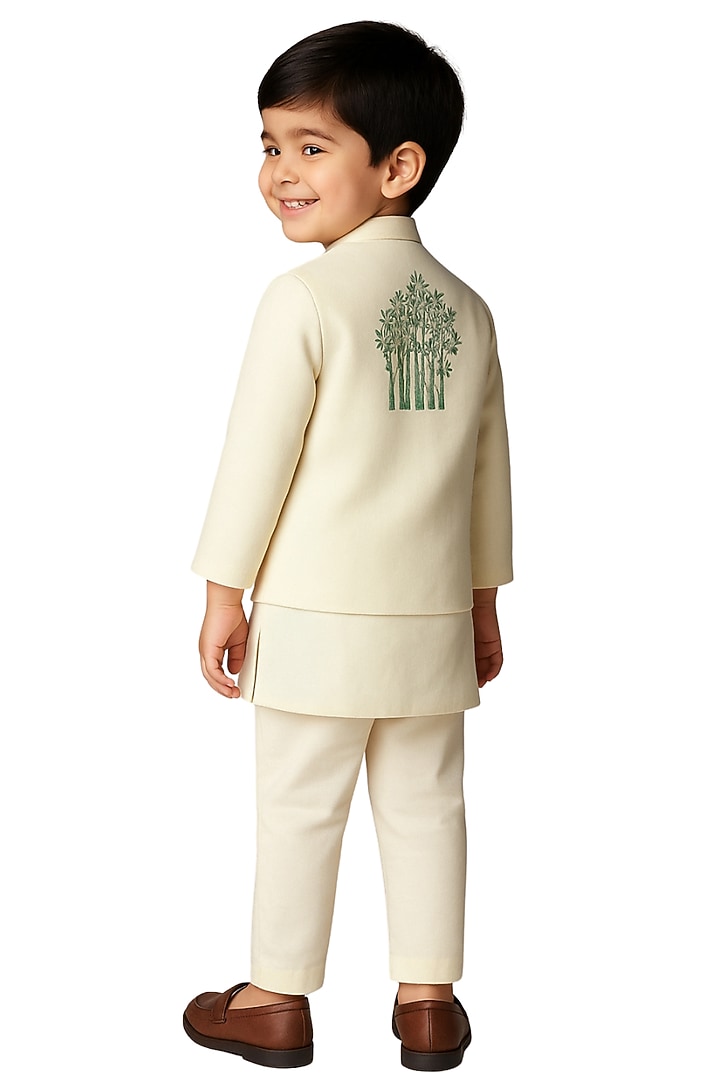 Cream & Red Linen Satin Embroidered Nehru Jacket Set For Boys by Paarsh - Littles at Pernia's Pop Up Shop
