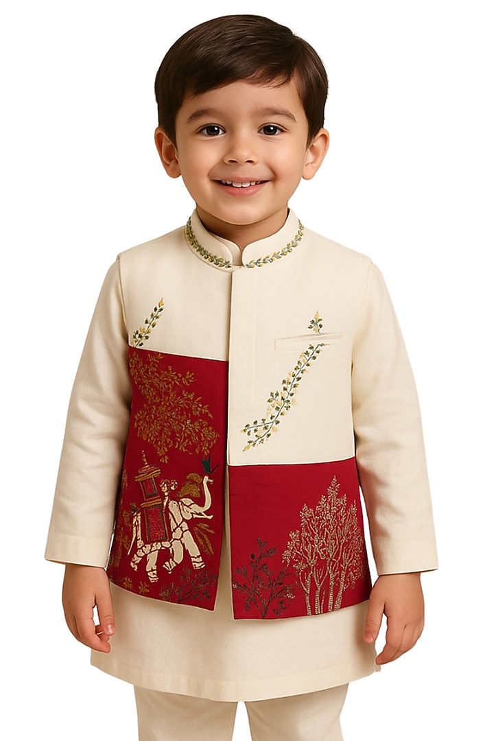 Cream & Red Linen Satin Embroidered Nehru Jacket Set For Boys by Paarsh - Littles at Pernia's Pop Up Shop