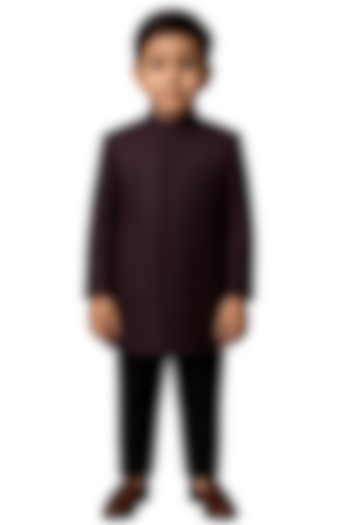 Dark Maroon Bamberg Silk Embellished Jacket Set For Boys by Paarsh - Littles at Pernia's Pop Up Shop