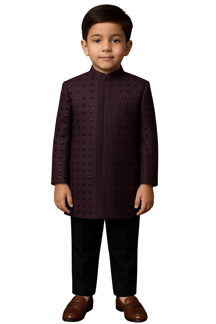 Dark Maroon Bamberg Silk Embellished Jacket Set For Boys by Paarsh - Littles at Pernia's Pop Up Shop