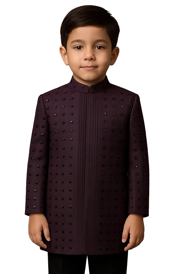 Dark Maroon Bamberg Silk Embellished Jacket Set For Boys by Paarsh - Littles at Pernia's Pop Up Shop