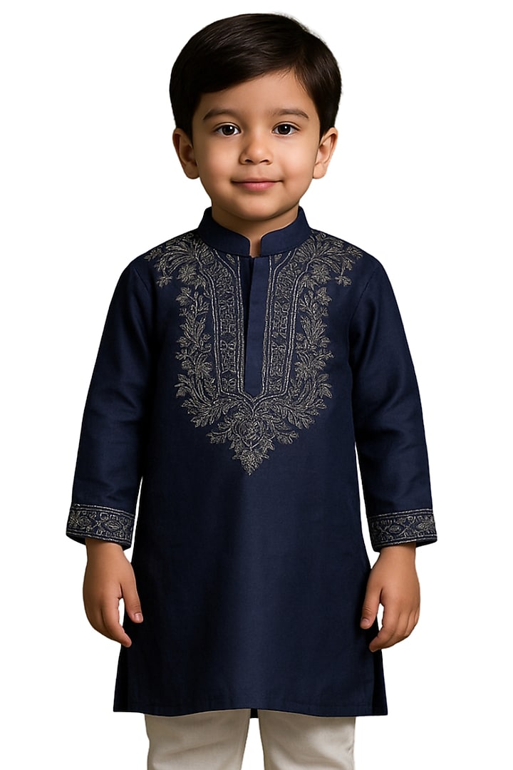 Navy Blue Linen Satin Thread Embroidered Kurta Set For Boys by Paarsh - Littles at Pernia's Pop Up Shop