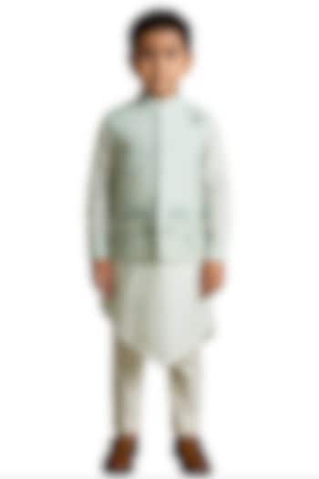 Water Blue Bamberg Silk Embroidered Nehru Jacket Set For Boys by Paarsh - Littles at Pernia's Pop Up Shop