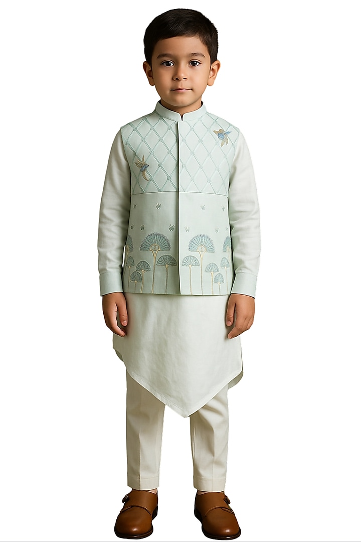 Water Blue Bamberg Silk Embroidered Nehru Jacket Set For Boys by Paarsh - Littles at Pernia's Pop Up Shop
