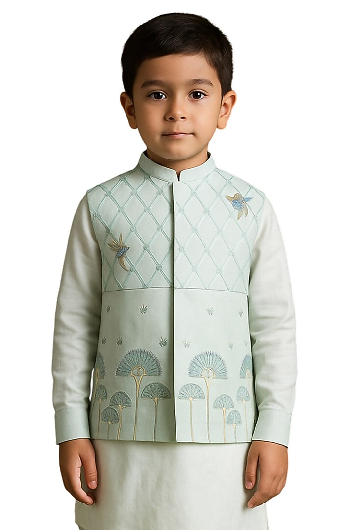 Water Blue Bamberg Silk Embroidered Nehru Jacket Set For Boys by Paarsh - Littles at Pernia's Pop Up Shop