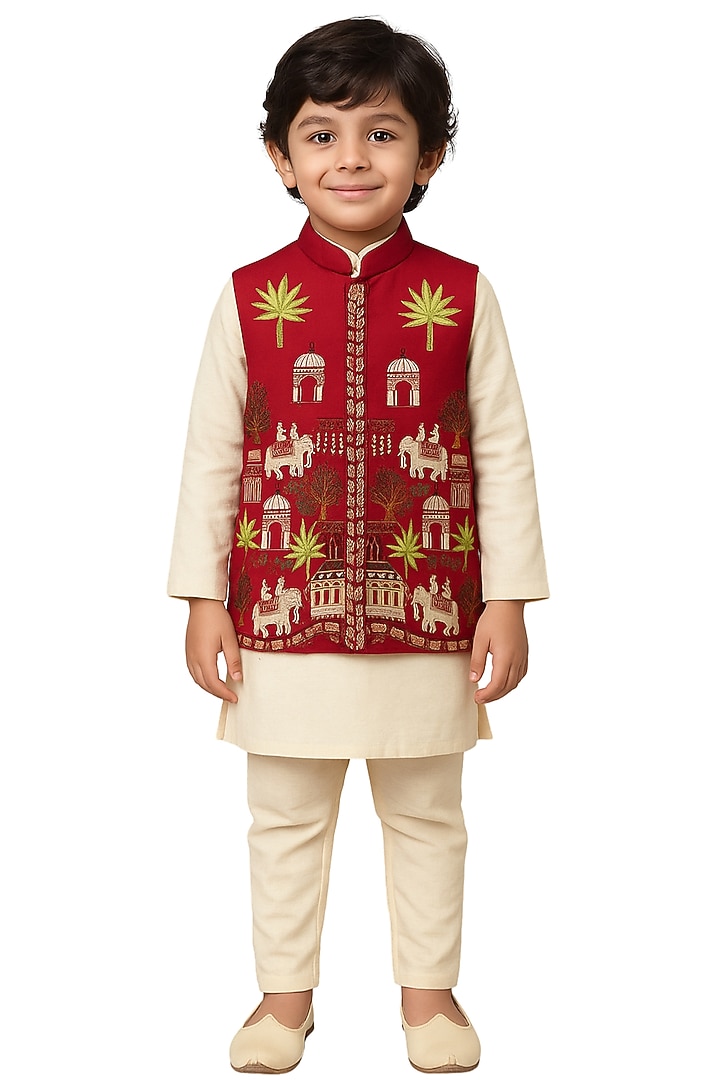 Red Linen Satin Embroidered Nehru Jacket Set For Boys by Paarsh - Littles at Pernia's Pop Up Shop
