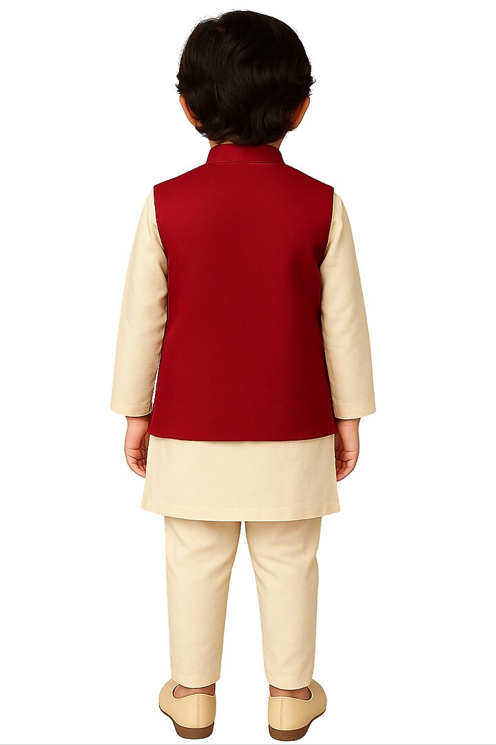 Red Linen Satin Embroidered Nehru Jacket Set For Boys by Paarsh - Littles at Pernia's Pop Up Shop