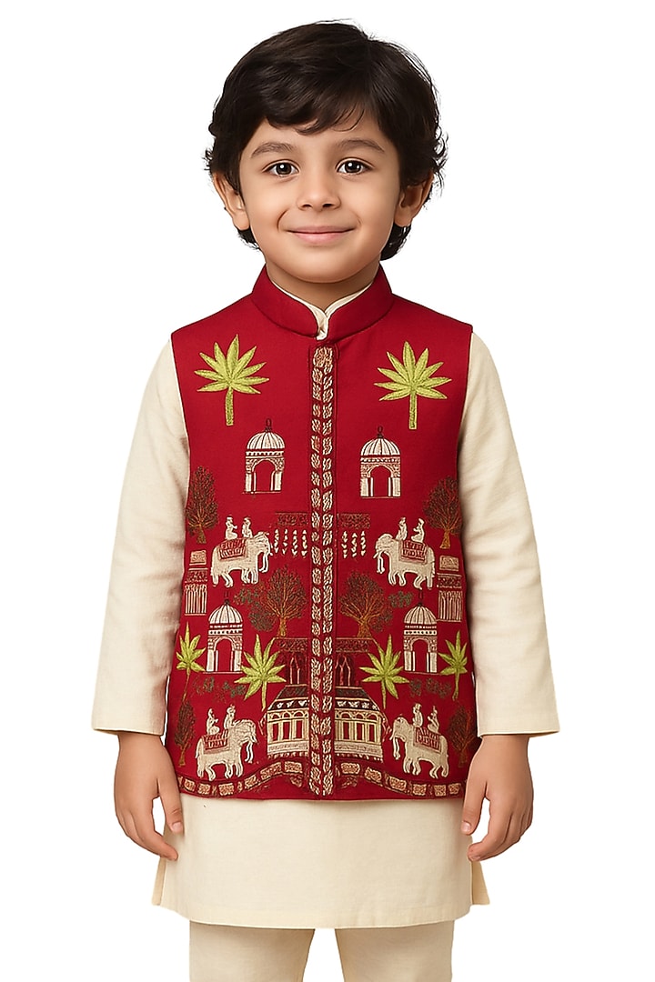 Red Linen Satin Embroidered Nehru Jacket Set For Boys by Paarsh - Littles at Pernia's Pop Up Shop