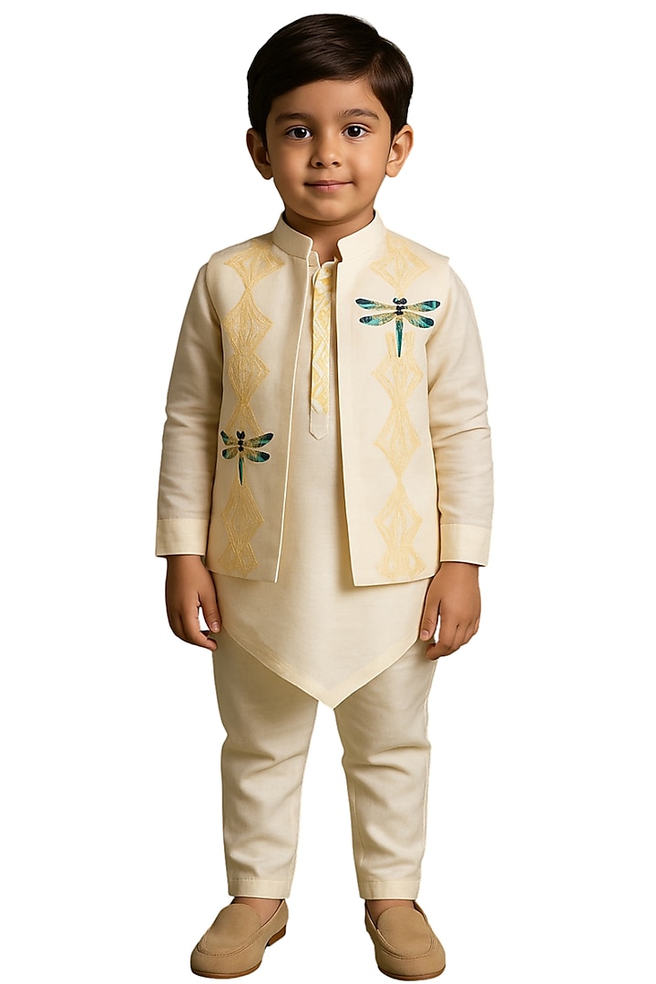Ivory Bamberg Silk Embroidered Nehru Jacket Set For Boys by Paarsh - Littles at Pernia's Pop Up Shop
