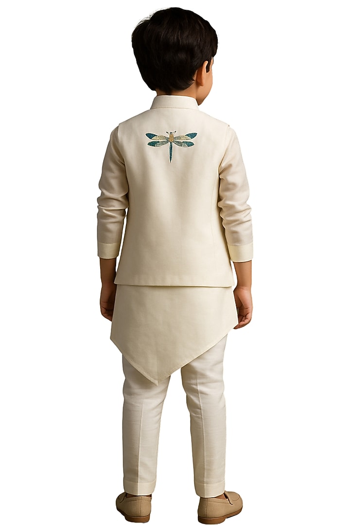 Ivory Bamberg Silk Embroidered Nehru Jacket Set For Boys by Paarsh - Littles at Pernia's Pop Up Shop