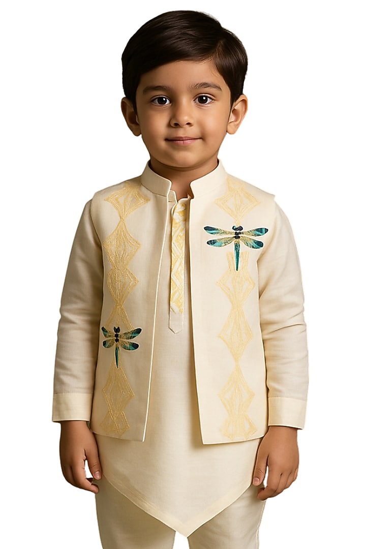 Ivory Bamberg Silk Embroidered Nehru Jacket Set For Boys by Paarsh - Littles at Pernia's Pop Up Shop
