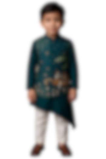Teal Bamberg Silk Embroidered Nehru Jacket Set For Boys by Paarsh - Littles at Pernia's Pop Up Shop