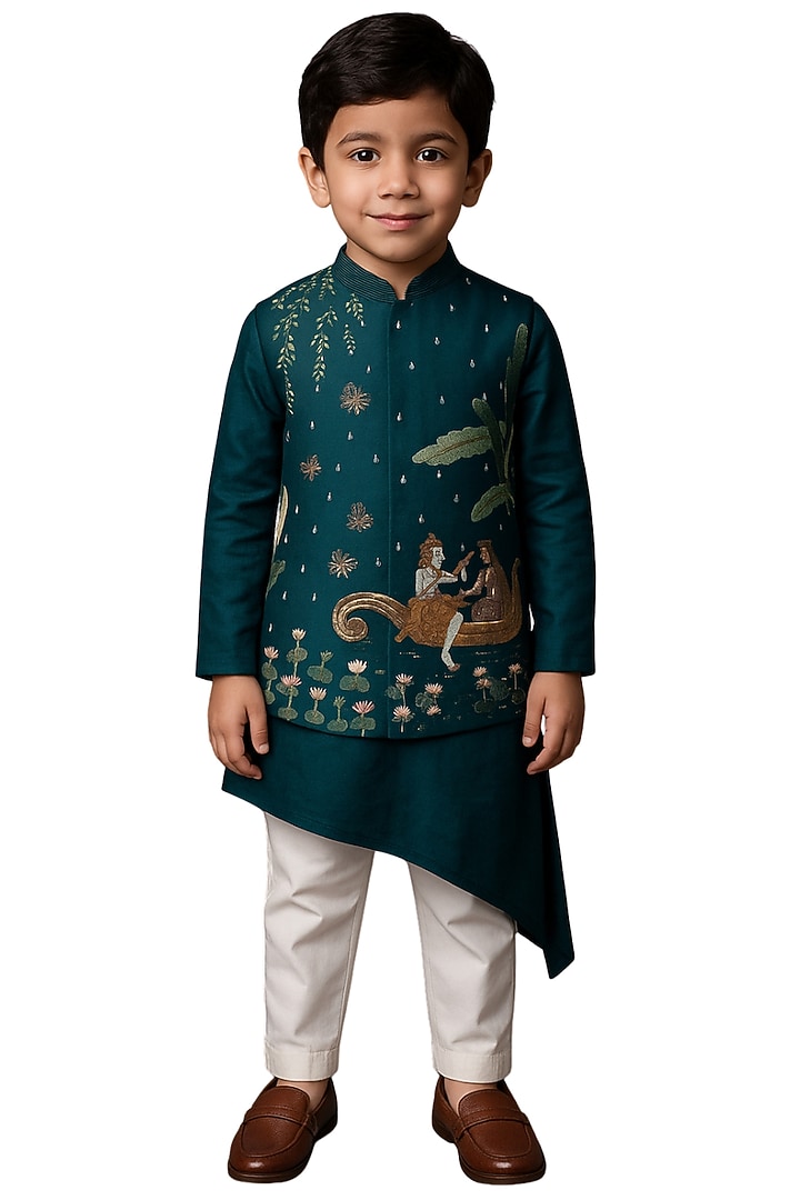 Teal Bamberg Silk Embroidered Nehru Jacket Set For Boys by Paarsh - Littles at Pernia's Pop Up Shop