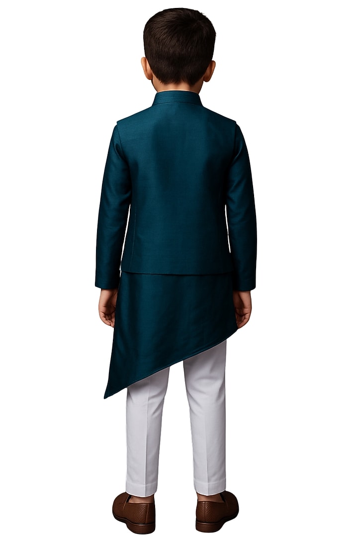 Teal Bamberg Silk Embroidered Nehru Jacket Set For Boys by Paarsh - Littles at Pernia's Pop Up Shop