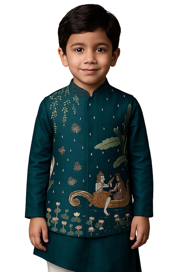 Teal Bamberg Silk Embroidered Nehru Jacket Set For Boys by Paarsh - Littles at Pernia's Pop Up Shop
