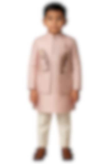 Blush Pink Linen Satin Embroidered Nehru Jacket Set For Boys by Paarsh - Littles at Pernia's Pop Up Shop