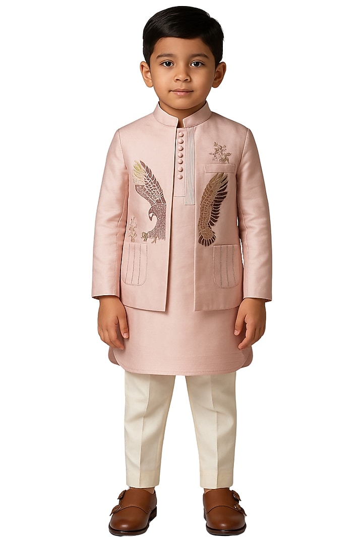 Blush Pink Linen Satin Embroidered Nehru Jacket Set For Boys by Paarsh - Littles at Pernia's Pop Up Shop