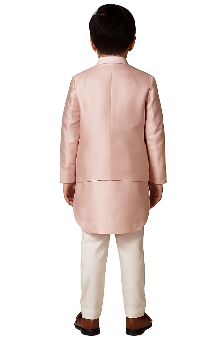 Blush Pink Linen Satin Embroidered Nehru Jacket Set For Boys by Paarsh - Littles at Pernia's Pop Up Shop