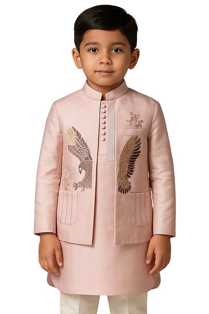Blush Pink Linen Satin Embroidered Nehru Jacket Set For Boys by Paarsh - Littles at Pernia's Pop Up Shop