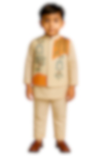 Cream & Orange Linen Satin Embroidered Nehru Jacket Set For Boys by Paarsh - Littles at Pernia's Pop Up Shop