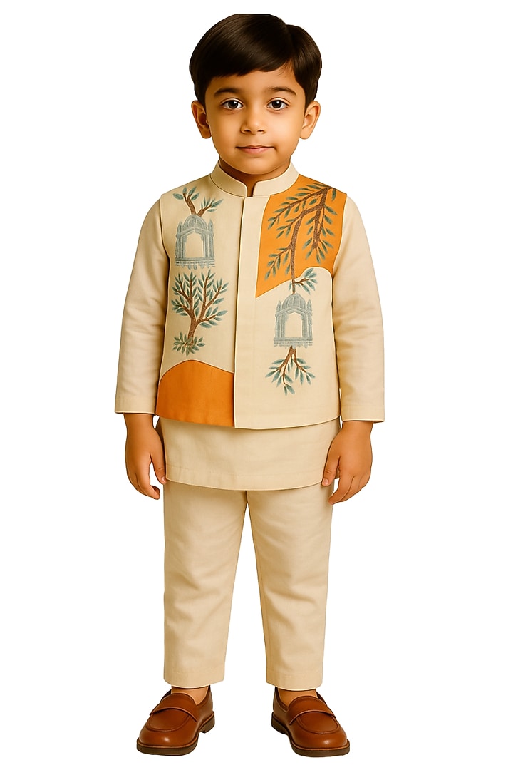 Cream & Orange Linen Satin Embroidered Nehru Jacket Set For Boys by Paarsh - Littles at Pernia's Pop Up Shop