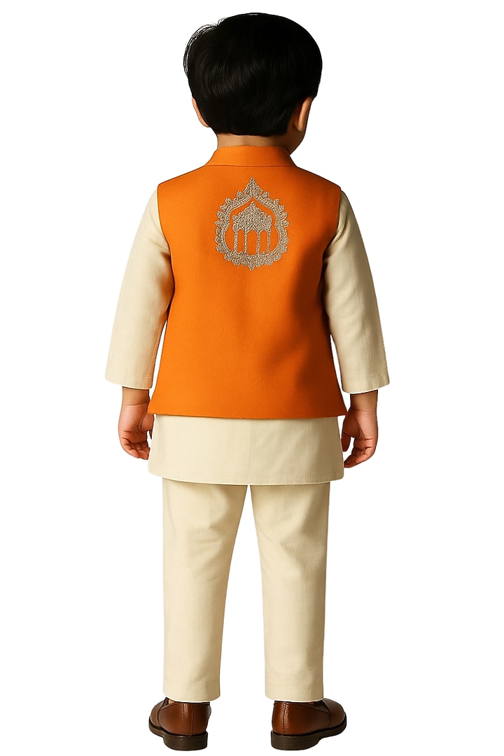 Cream & Orange Linen Satin Embroidered Nehru Jacket Set For Boys by Paarsh - Littles at Pernia's Pop Up Shop